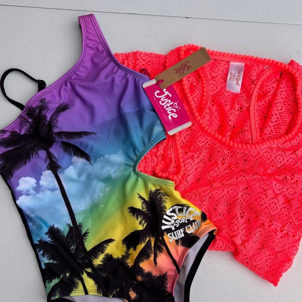 One-Piece Swimsuit‎ Cover-Up Girls 10/12 Pink Rainbow NWT